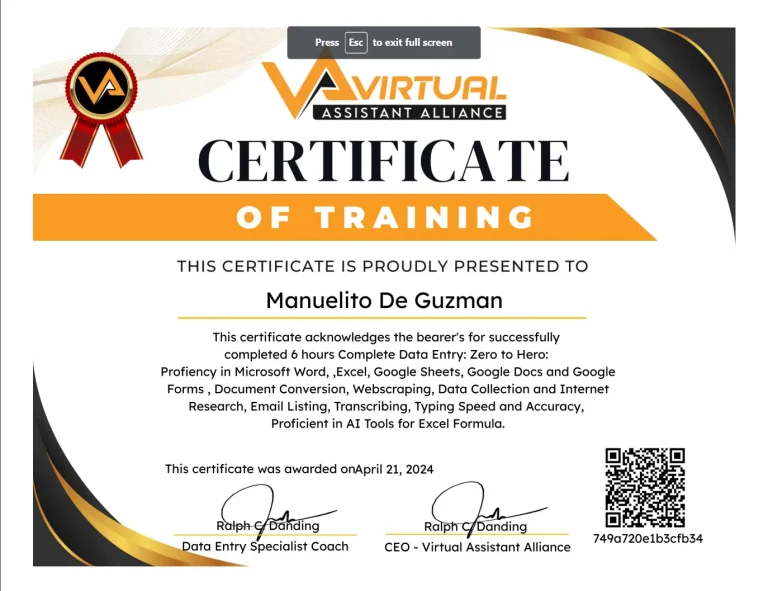 Certificate - Nowel De guzman - Data Entry