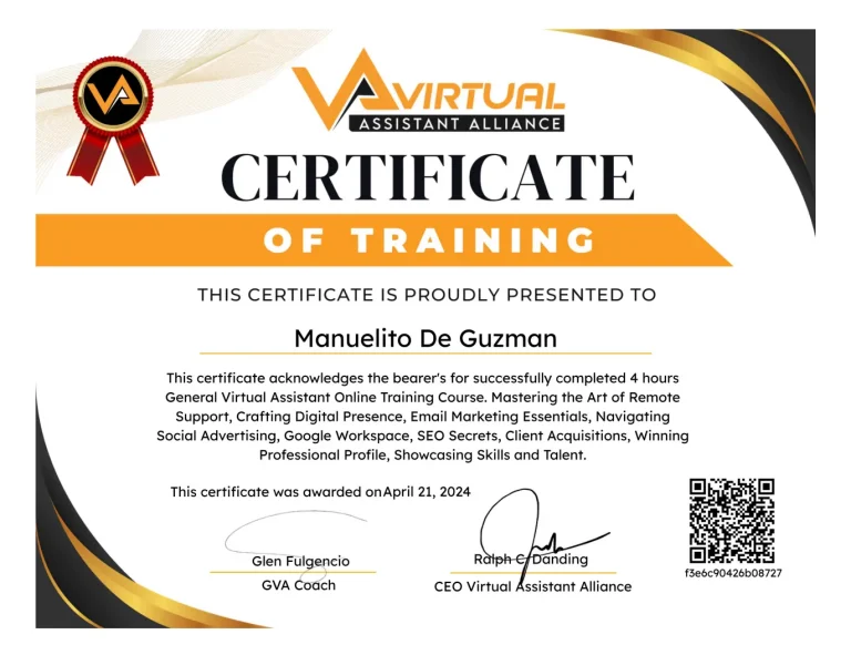 Certificate - Nowel De guzman - General Virtual Assistant